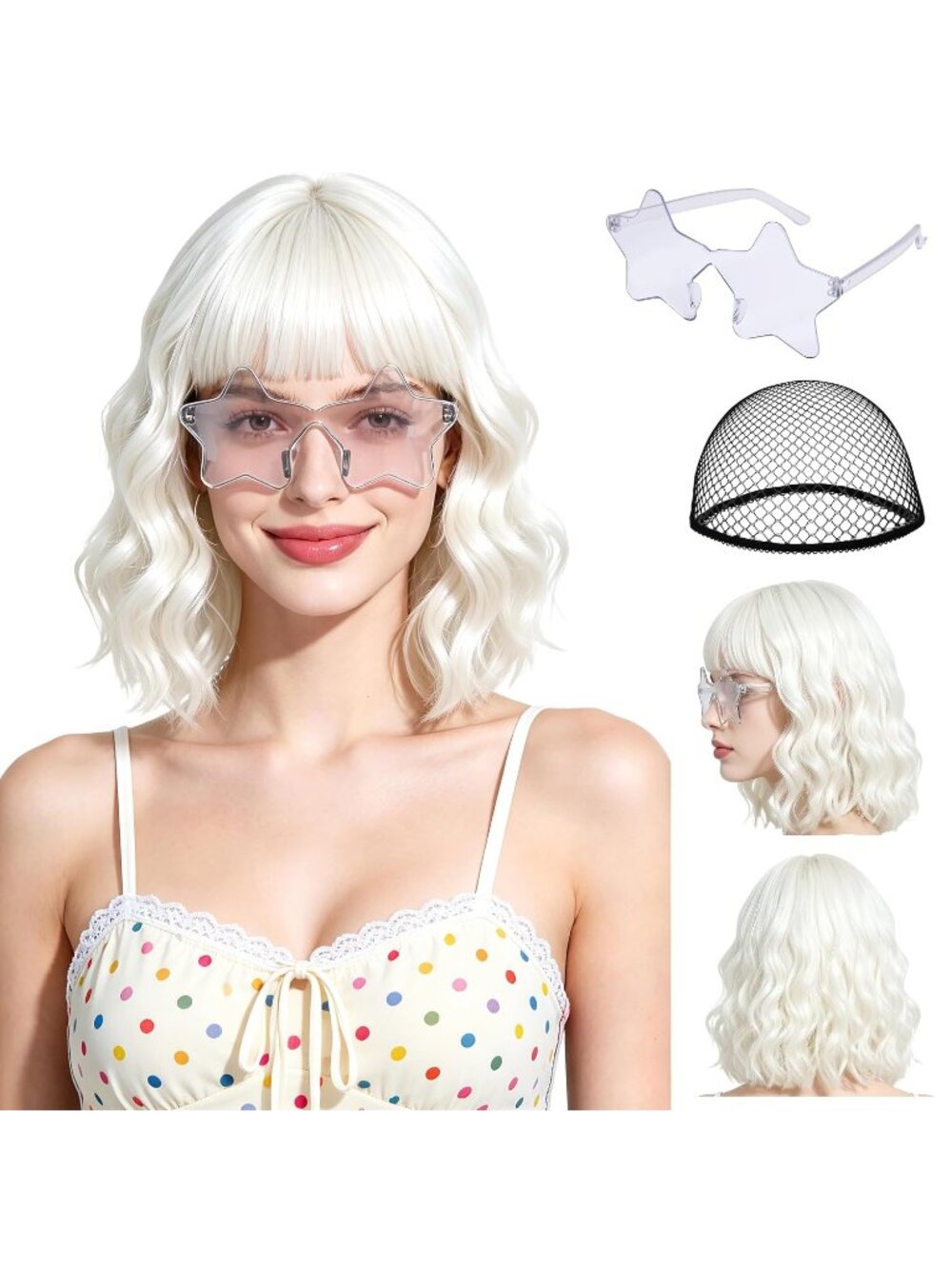 Women's White Short Wavy Bob Bangs 15.7 Inch Heat Resistant Synthetic Wig